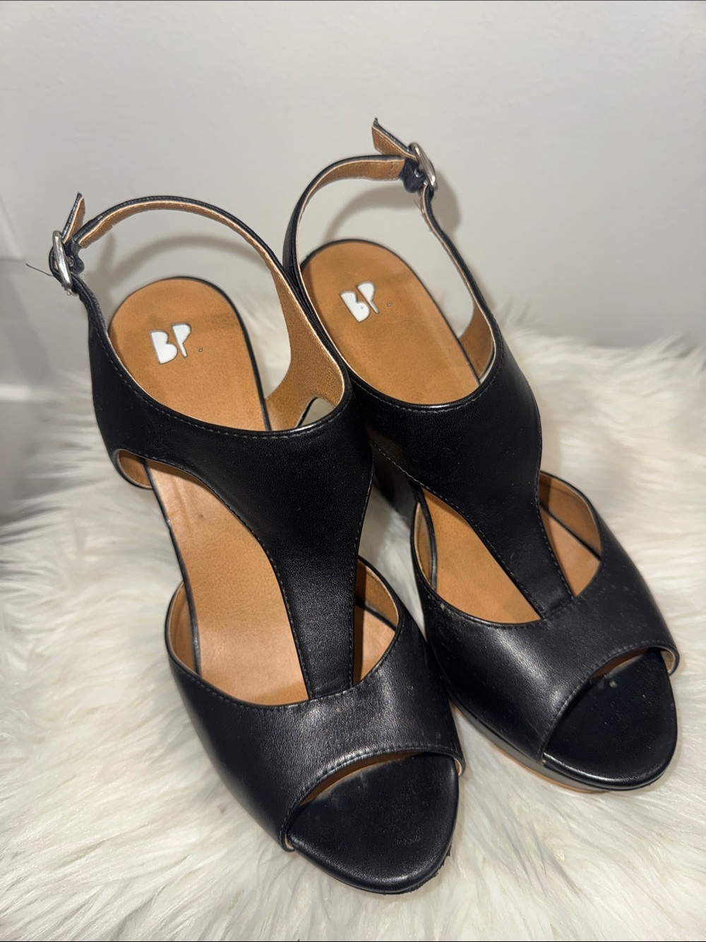 BP Black Peep-Toe T-Strap Platform Slingback Heels